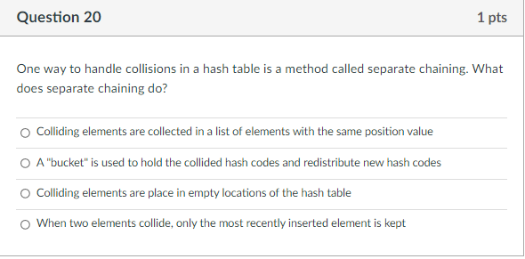 Question 20 1 Pts One Way To Handle Collisions In A Hash Table Is A Method Called Separate Chaining What Does Separate 1