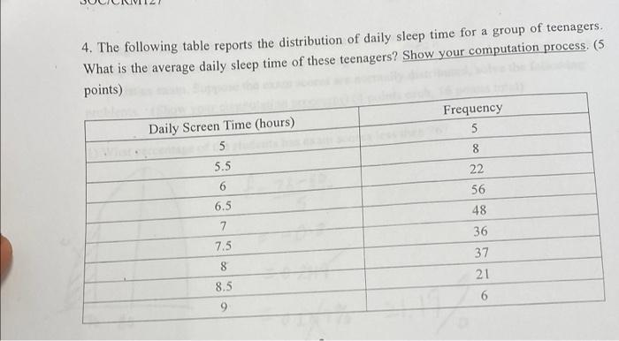 4 The Following Table Reports The Distribution Of Daily Sleep Time For A Group Of Teenagers What Is The Average Daily 1