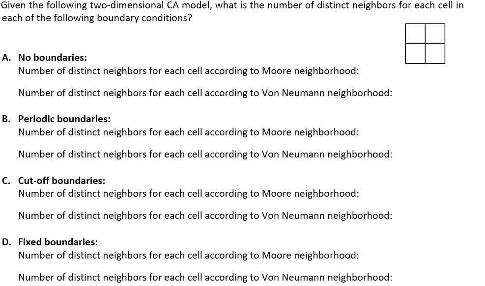 Given The Following Two Dimensional Ca Model What Is The Number Of Distinct Neighbors For Each Cell In Each Of The Foll 1