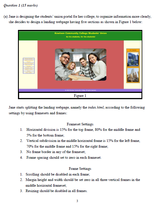 Question 1 15 Marks A Jane Is Designing The Students Union Portal For Her College To Organize Information More Cle 1