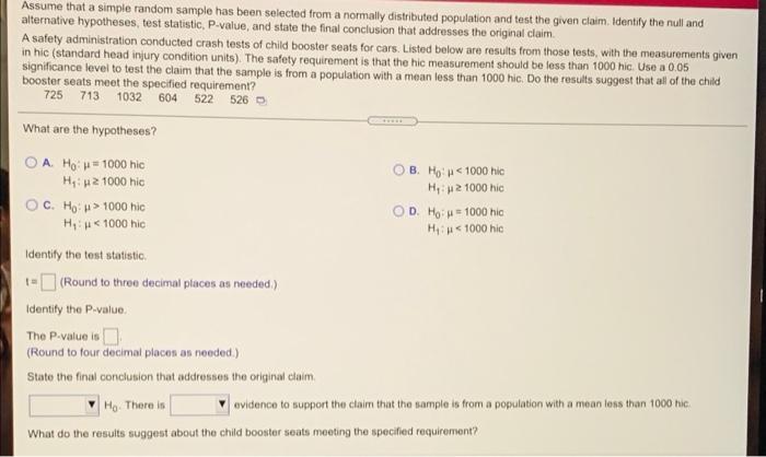 Assume That A Simple Random Sample Has Been Selected From A Normally Distributed Population And Test The Given Claim Id 1