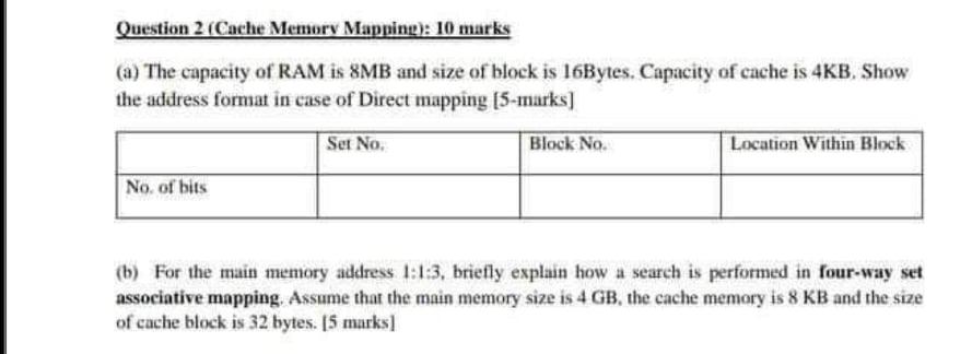 Question 2 Cache Memory Mapping 10 Marks A The Capacity Of Ram Is 8mb And Size Of Block Is 16bytes Capacity Of Cac 1