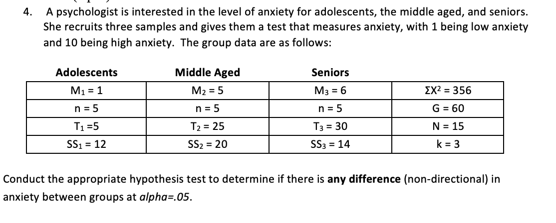 4 A Psychologist Is Interested In The Level Of Anxiety For Adolescents The Middle Aged And Seniors She Recruits Thre 1