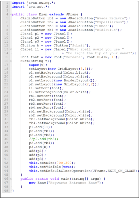 J 6 Import Javax Swing 2 Import Java Awt 3 Public Class Exam Extends Jframe 5 Jradiobutton Rbl New Jradiobutto 1