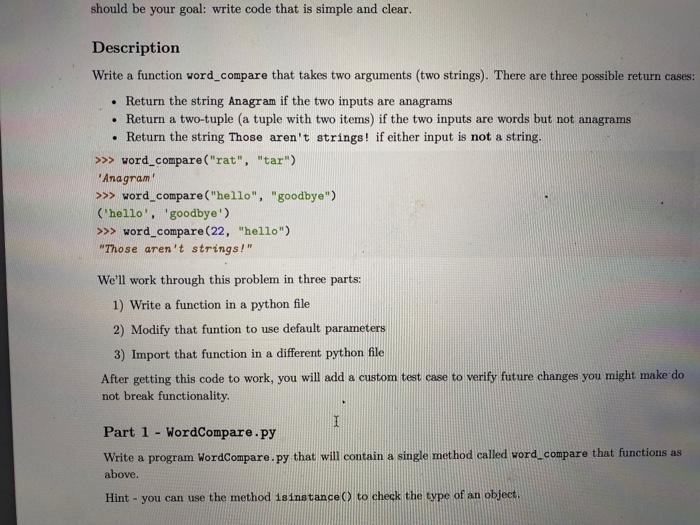 Should Be Your Goal Write Code That Is Simple And Clear Description Write A Function Word Compare That Takes Two Argum 1