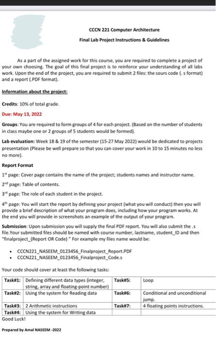 Cccn 221 Computer Architecture Final Lab Project Instructions Guidelines As A Part Of The Assigned Work For This Cours 1