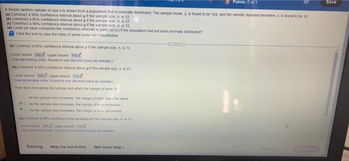 Points 0 Of 1 Save A Simple Random Sample Of Size Is Drawn From A Population That Is Normally Distributed The Sample M 1
