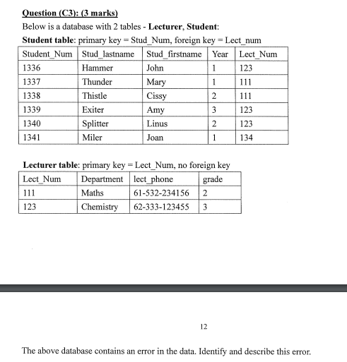 Question C3 3 Marks Below Is A Database With 2 Tables Lecturer Student Student Table Primary Key Stud Num F 1