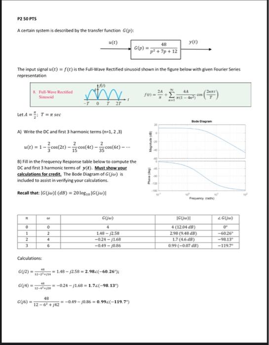 P2 50 Pts A Certain System Is Described By The Transfer Function P Y Yt Go 48 P2 7p 12 The Input Signal U T 1