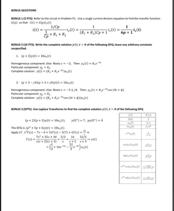 Bonus Questions Bonus 1 S Pts Refer To The Circuit In Problem P1 Use A Single Current Division Equation To Find The 1