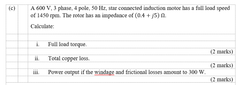 C A 600 V 3 Phase 4 Pole 50 Hz Star Connected Induction Motor Has A Full Load Speed Of 1450 Rpm The Rotor Has An 1