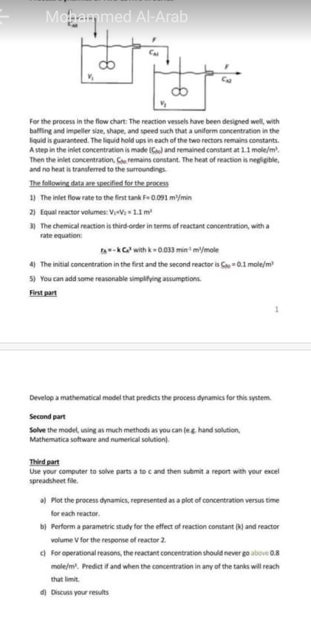 Mohammed Al Arab Ca Do Ca Db For The Process In The Fiow Chart The Reaction Vessels Have Been Designed Well With Baffli 1