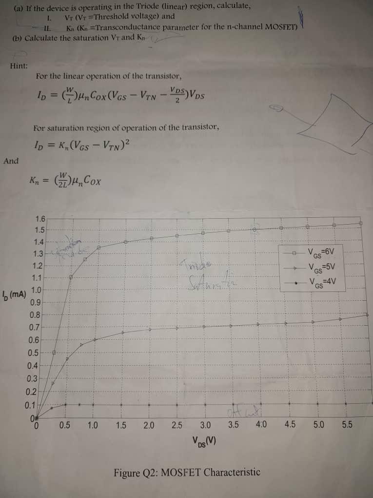 A If The Device Is Operating In The Triode Linear Region Calculate I Vr Vr Threshold Voltage And Ii Kn Kn Tr 1