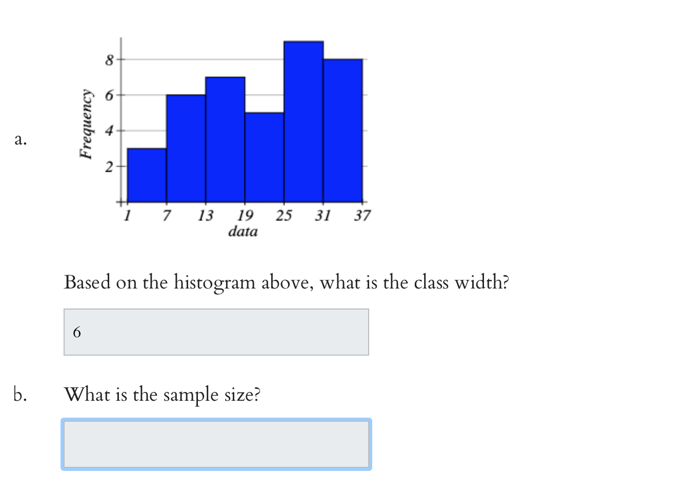 8 Frequency A 2 1 7 13 25 31 37 19 Data Based On The Histogram Above What Is The Class Width 6 B What Is The Sampl 1