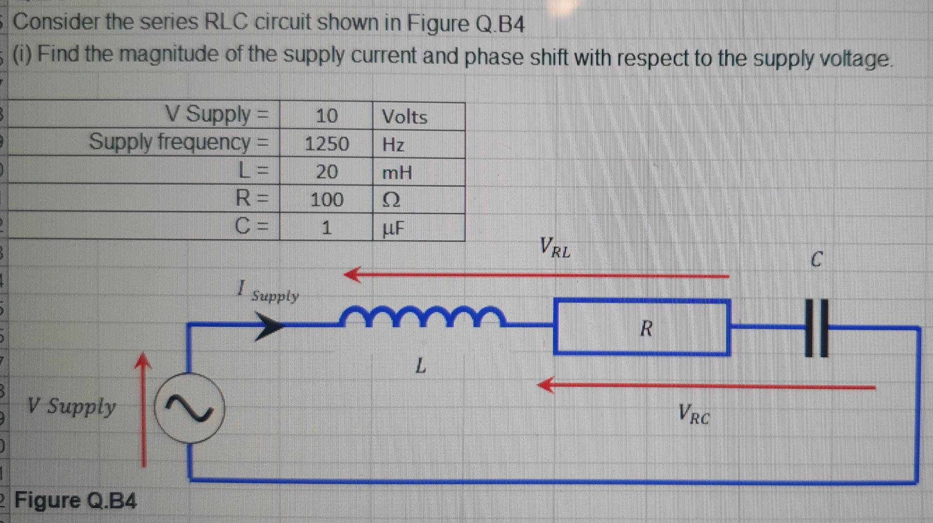 Consider The Series Rlc Circuit Shown In Figure Q B4 50 Find The Magnitude Of The Supply Current And Phase Shift With R 1