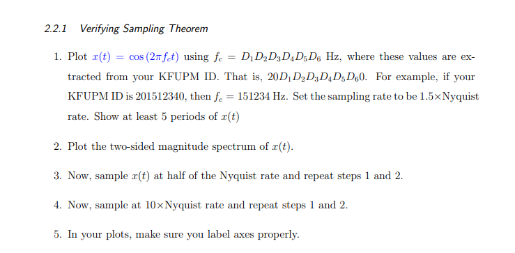 2 2 1 Verifying Sampling Theorem 1 Plot R T Cos 2n Fet Using Fc D D2d3d D D Hz Where These Values Are Ex Tract 1