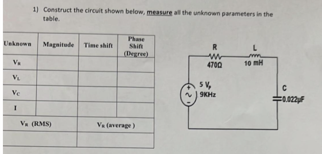 1 Construct The Circuit Shown Below Measure All The Unknown Parameters In The Table Unknown Magnitude Time Shift Phas 1