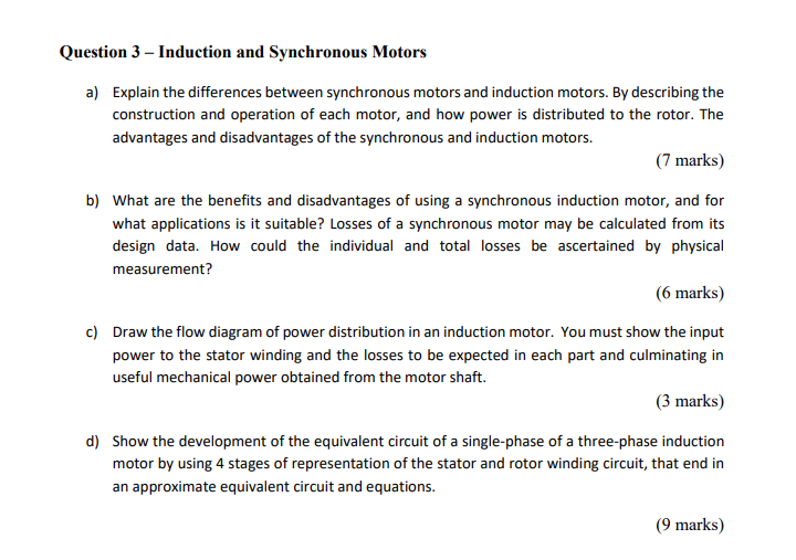 Question 3 Induction And Synchronous Motors A Explain The Differences Between Synchronous Motors And Induction Motors 1