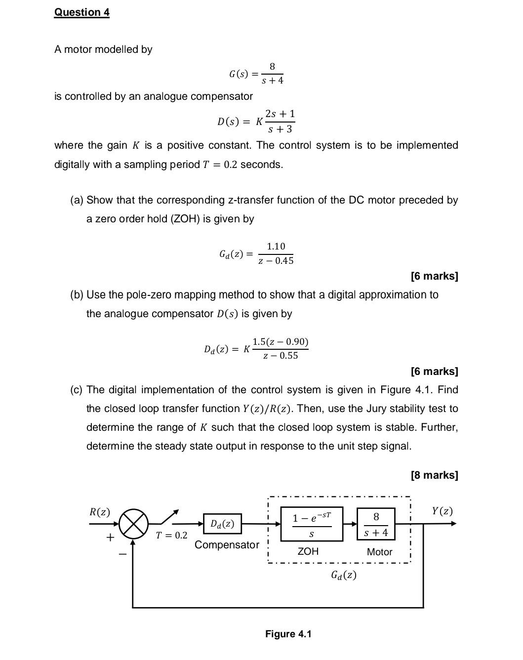Question 4 A Motor Modelled By 8 G S S 4 Is Controlled By An Analogue Compensator 2s 1 D S K S 3 Where The Gai 1