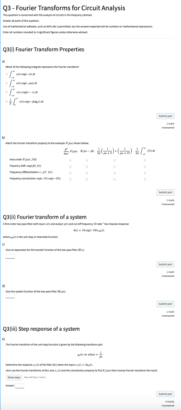 Q3 Fourier Transforms For Circuit Analysis This Question Is Concerned With The Analysis Of Circuits In The Frequency D 1
