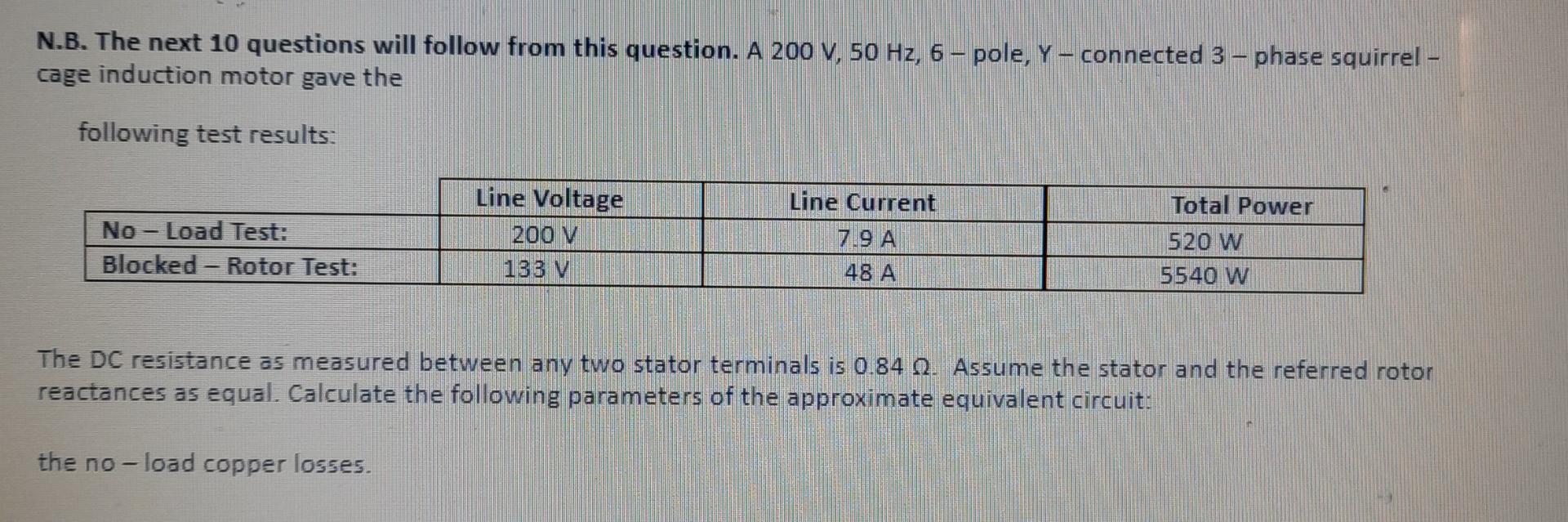 N B The Next 10 Questions Will Follow From This Question A 200 V 50 Hz 6 Pole Y Connected 3 Phase Squirrel Cage I 1
