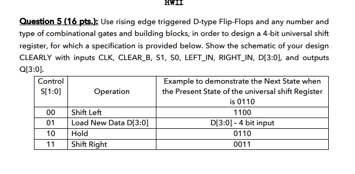 Hwii Question 5 16 Pts Use Rising Edge Triggered D Type Flip Flops And Any Number And Type Of Combinational Gates An 1