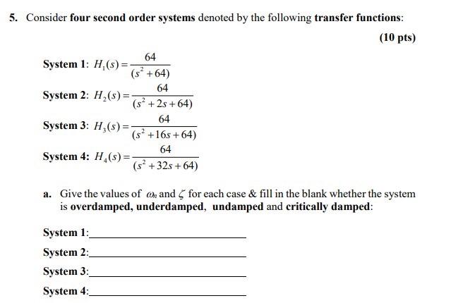 5 Consider Four Second Order Systems Denoted By The Following Transfer Functions 10 Pts 64 System 1 H 3 S 64 1