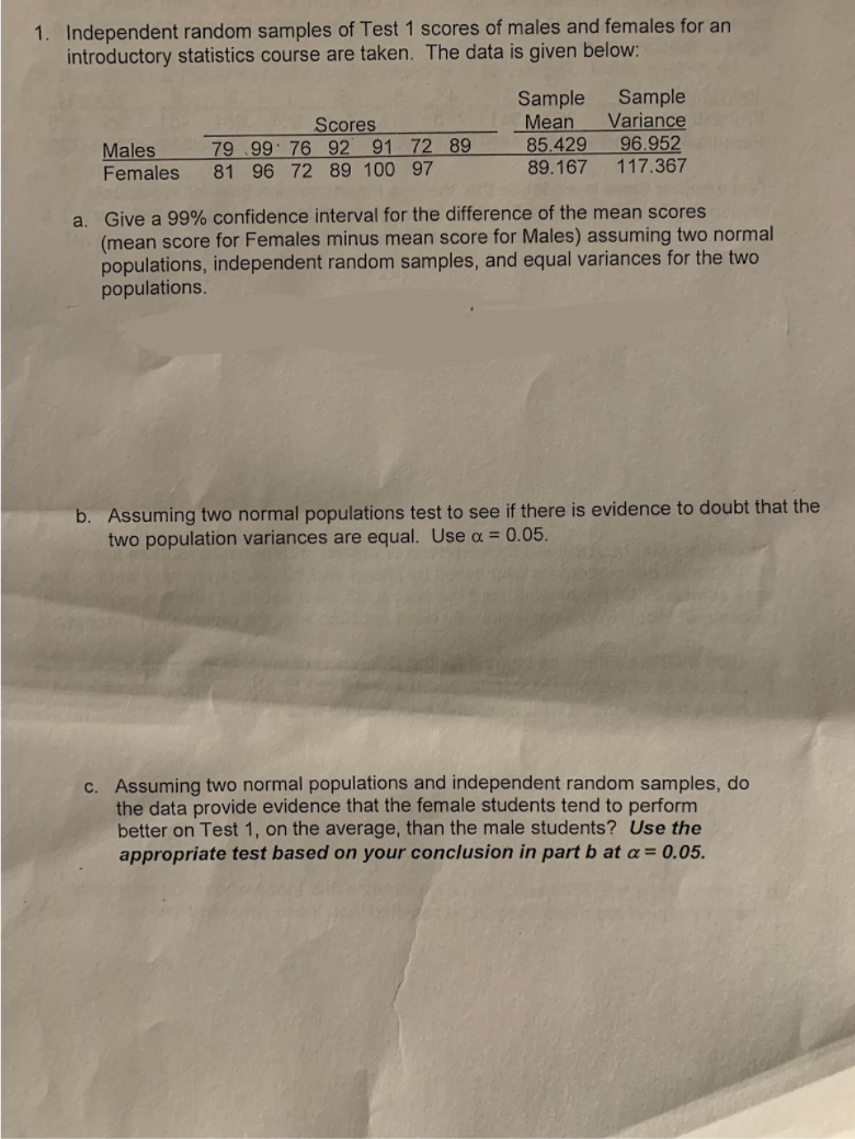 1 Independent Random Samples Of Test 1 Scores Of Males And Females For An Introductory Statistics Course Are Taken The 1