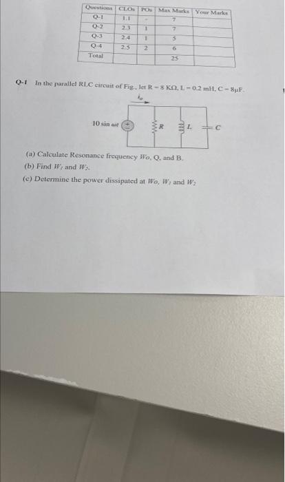 Question Clopos Max M Your M 0 1 7 02 23 1 7 0 3 2 4 1 0 4 2 6 Total 25 0 1 In The Parallel Rlc Circuit Of Fig Let R 1