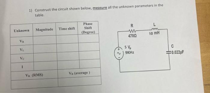 1 Construct The Circuit Shown Below Measure All The Unknown Parameters In The Table Phase Shift Degree L Mm Magnitu 1