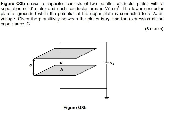 Figure Q3b Shows A Capacitor Consists Of Two Parallel Conductor Plates With A Separation Of D Meter And Each Conductor 1