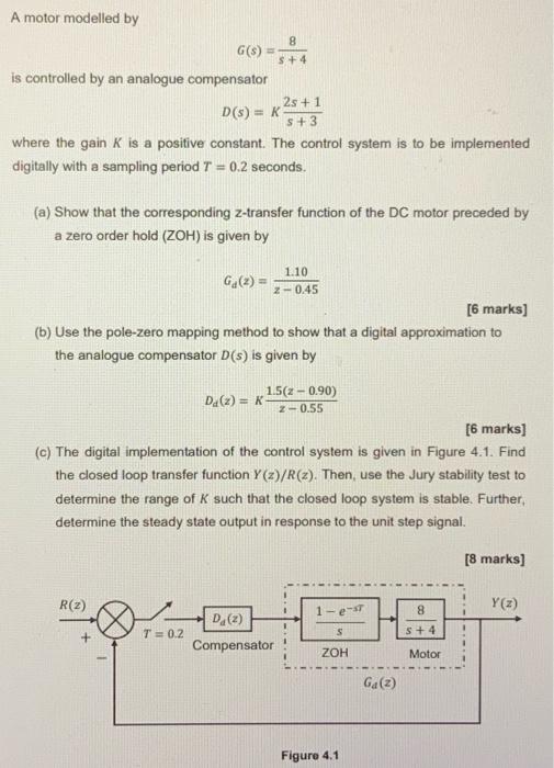 A Motor Modelled By 8 G 8 4 Is Controlled By An Analogue Compensator 2s 1 D S K 5 3 Where The Gain K Is A P 1