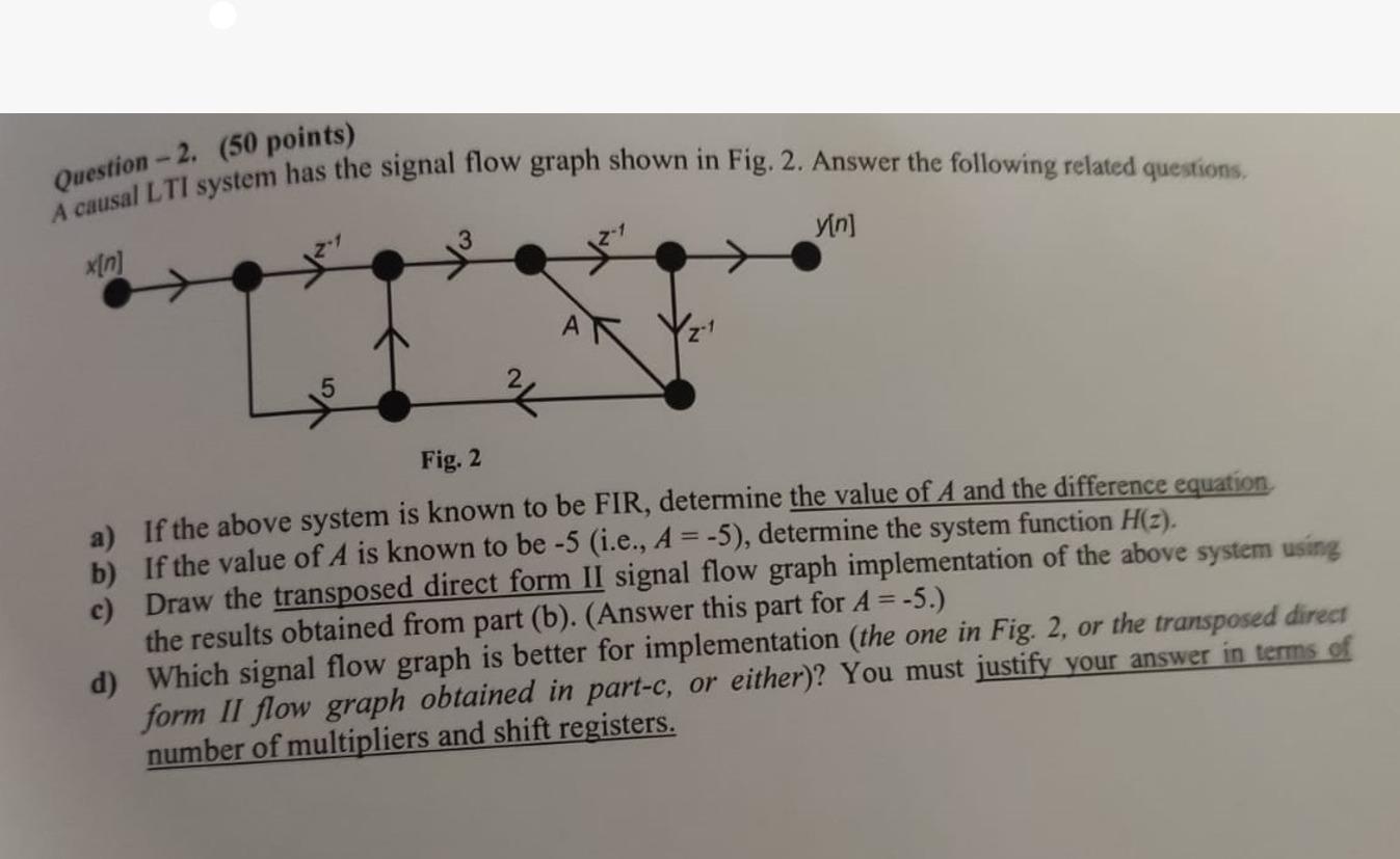 Question 2 50 Points A Causal Lti System Has The Signal Flow Graph Shown In Fig 2 Answer The Following Related Qu 1