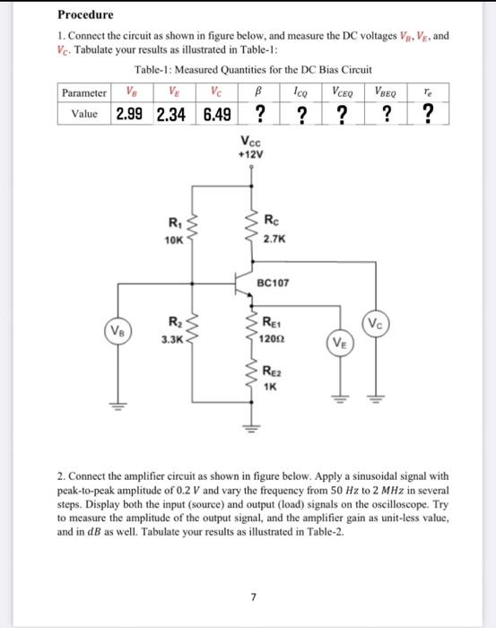 Procedure 1 Connect The Circuit As Shown In Figure Below And Measure The Dc Voltages Vs Ve And Vc Tabulate Your Res 1