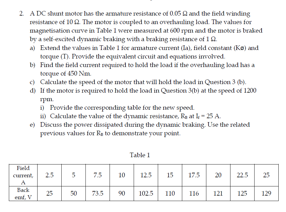 2 A Dc Shunt Motor Has The Armature Resistance Of 0 05 22 And The Field Winding Resistance Of 10 12 The Motor Is Coupl 1