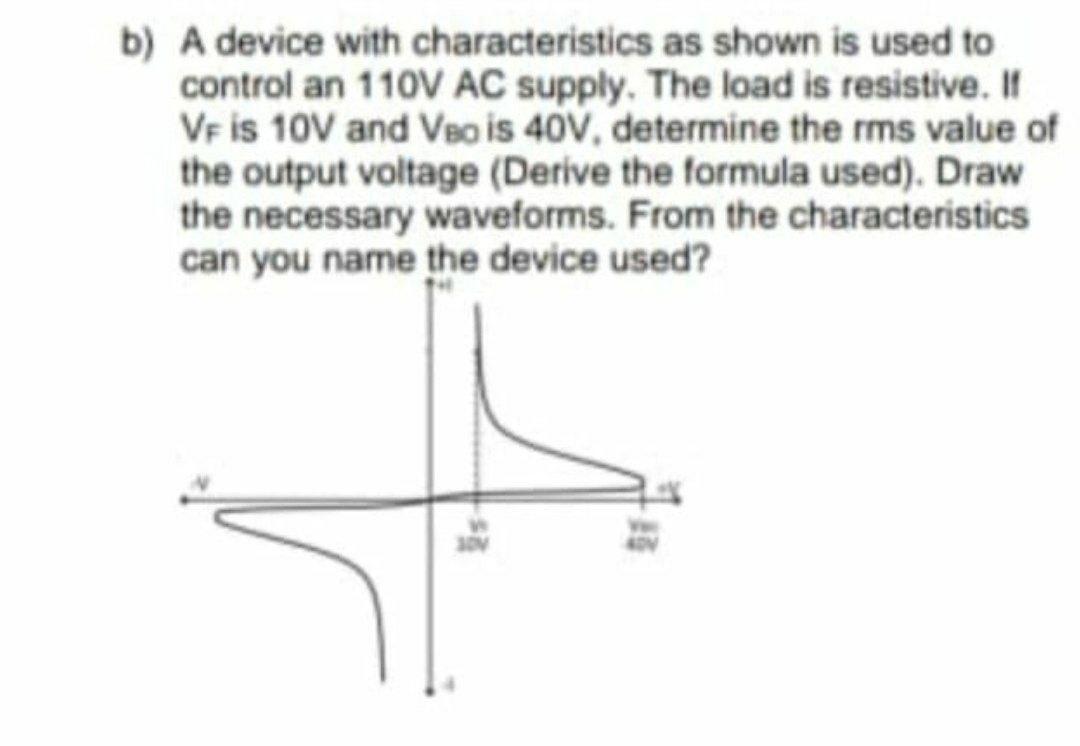 B A Device With Characteristics As Shown Is Used To Control An 110v Ac Supply The Load Is Resistive If Vf Is 10v And 1