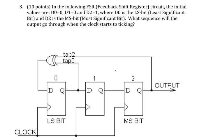 3 10 Points In The Following Fsr Feedback Shift Register Circuit The Initial Values Are D0 0 D1 0 And D2 1 Wher 1