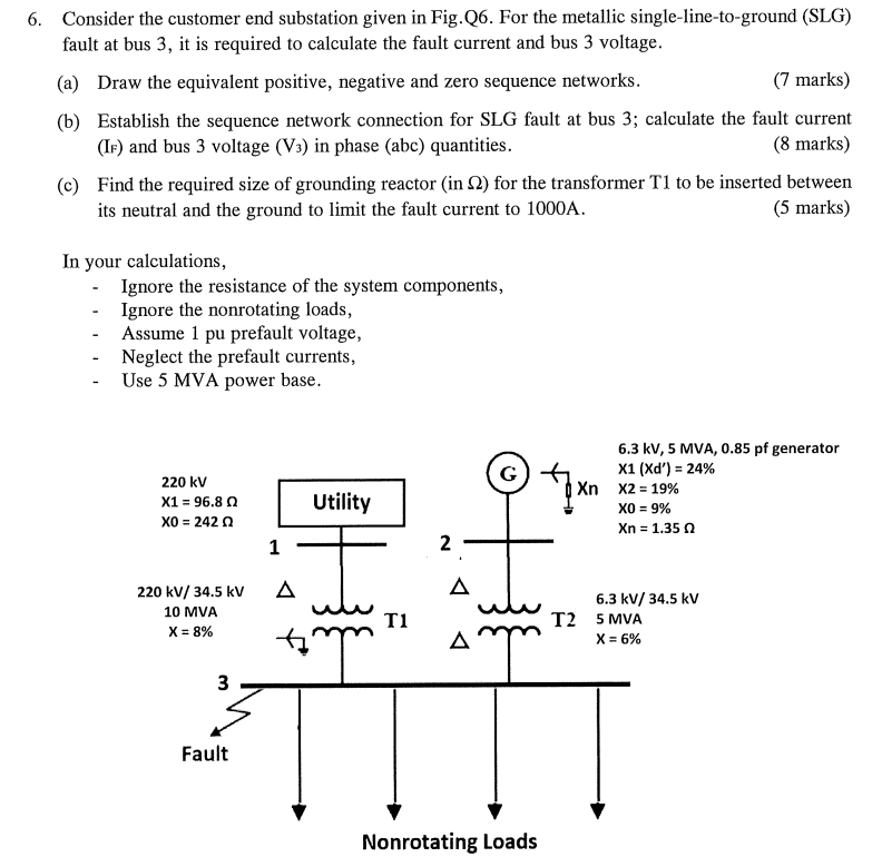 6 Consider The Customer End Substation Given In Fig 26 For The Metallic Single Line To Ground Slg Fault At Bus 3 I 1
