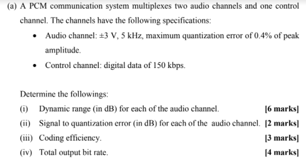 A A Pcm Communication System Multiplexes Two Audio Channels And One Control Channel The Channels Have The Following S 1