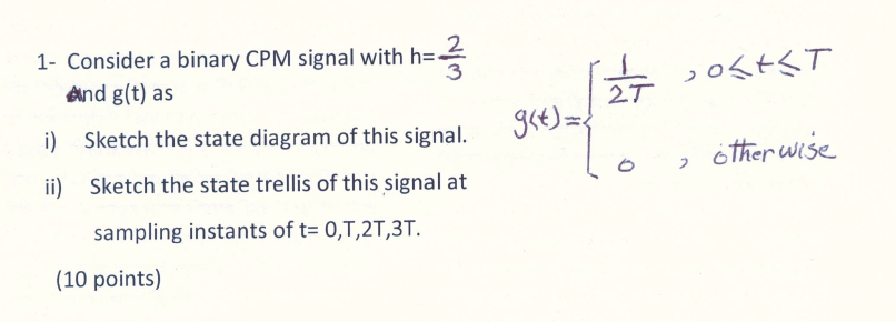 1 Consider A Binary Cpm Signal With H And G T As 22 23 Jose T 2t T I Sketch The State Diagram Of This Signal Othe 1