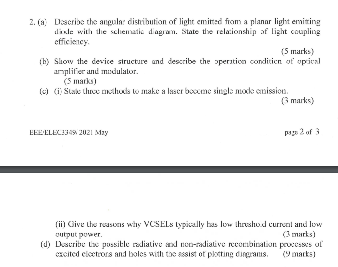 2 A Describe The Angular Distribution Of Light Emitted From A Planar Light Emitting Diode With The Schematic Diagram 1