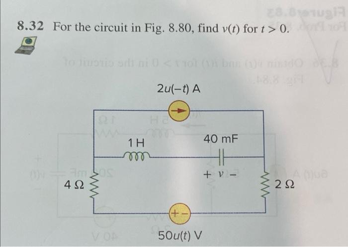 Tusf 8 32 For The Circuit In Fig 8 80 Find V T For T 0 2ul T A 40 Mf 1h Mm Fi 432 V 222 Vo 50u T V 1