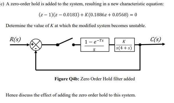 C A Zero Order Hold Is Added To The System Resulting In A New Characteristic Equation Z 1 2 0 0183 K 0 18862 1