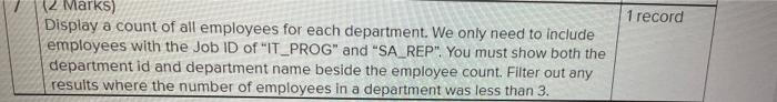1 Record 12 Marks Display A Count Of All Employees For Each Department We Only Need To Include Employees With The Job 1