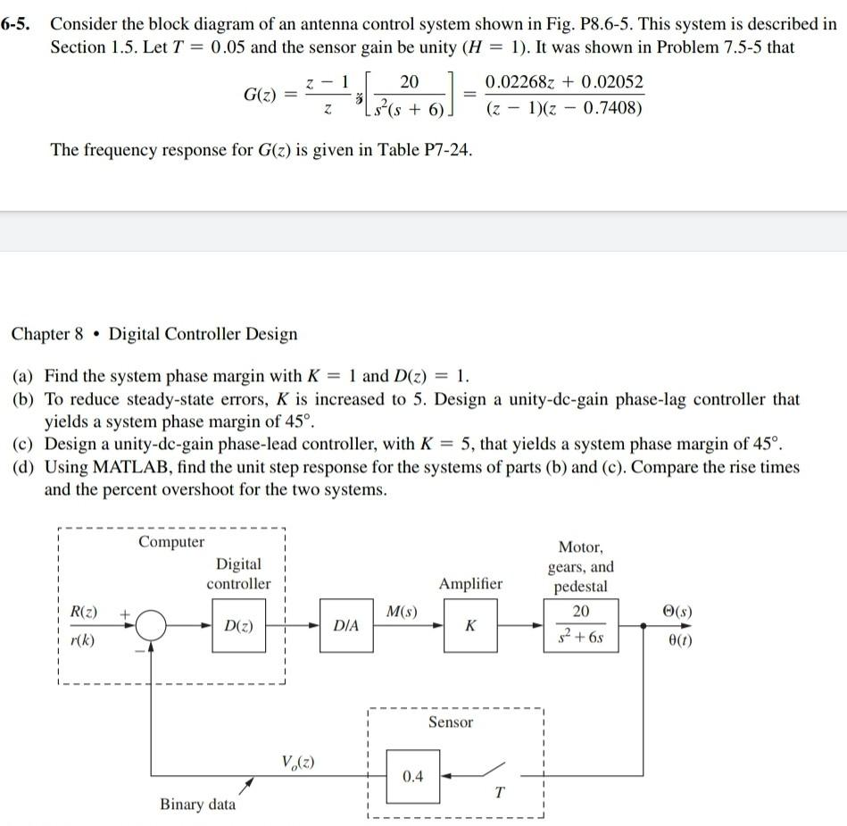 6 5 Consider The Block Diagram Of An Antenna Control System Shown In Fig P8 6 5 This System Is Described In Section 1 1