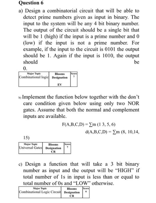 Question 6 A Design A Combinatorial Circuit That Will Be Able To Detect Prime Numbers Given As Input In Binary The Inp 1