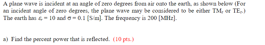 A Plane Wave Is Incident At An Angle Of Zero Degrees From Air Onto The Earth As Shown Below For An Incident Angle Of Z 1
