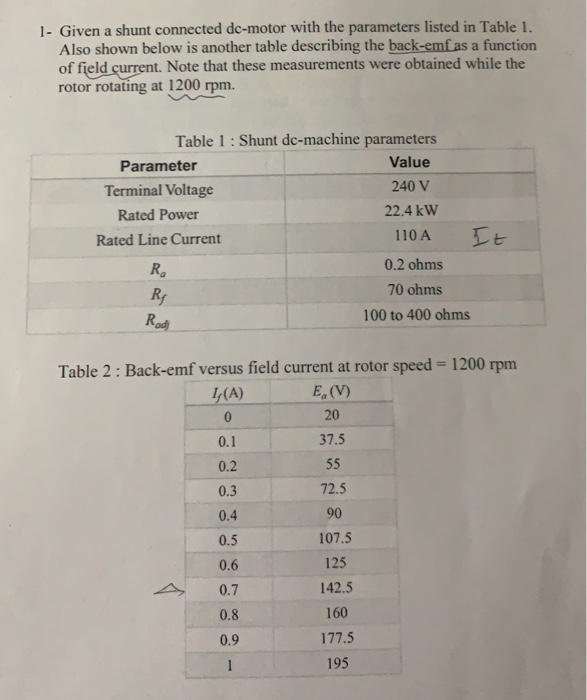 1 Given A Shunt Connected Dc Motor With The Parameters Listed In Table 1 Also Shown Below Is Another Table Describing 1