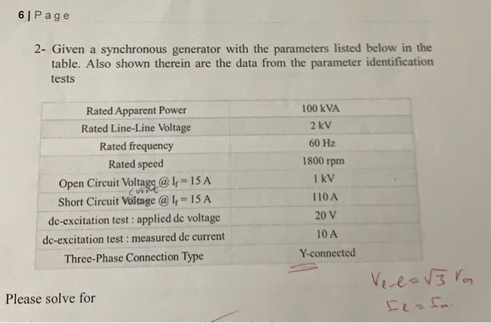 6 Page 2 Given A Synchronous Generator With The Parameters Listed Below In The Table Also Shown Therein Are The Data F 1