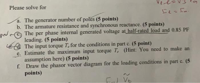 6 Page 2 Given A Synchronous Generator With The Parameters Listed Below In The Table Also Shown Therein Are The Data F 2
